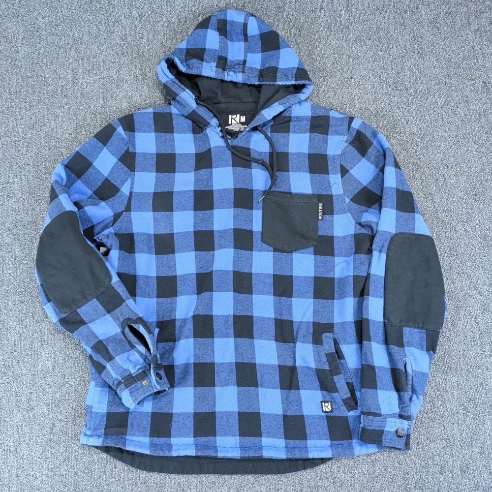 Routine Baseball Grunge Buffalo Plaid Hooded Flannel Shirt Mens Medium Blue